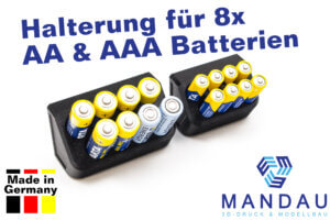 Wandhalterung für 8x AA oder AAA Batterien - z.B. für Märklin MS2 WLAN, Wireless Multimaus LH101R Modellbau